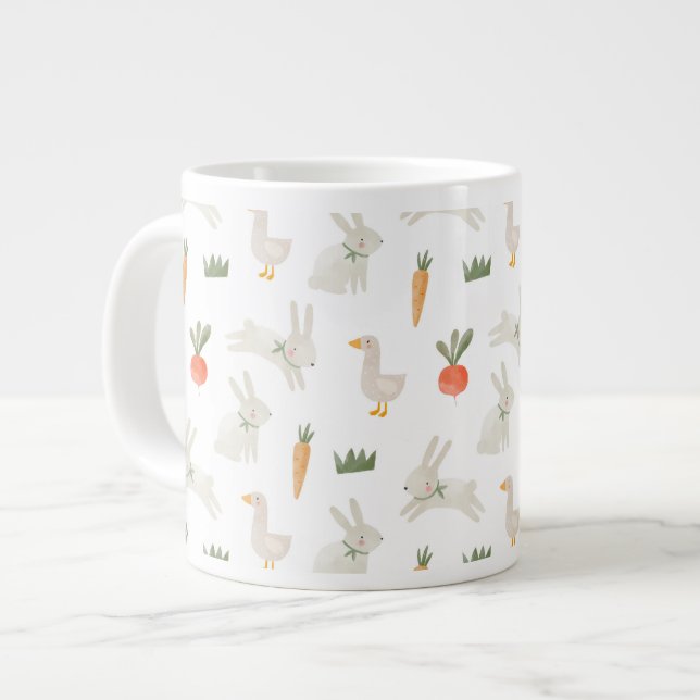 Bunnies & Ducks on the Farm Pattern Large Coffee Mug (Front Left)