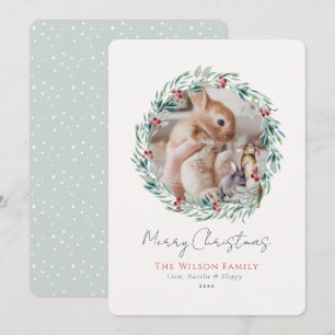 Bunnies Greenery Wreath Photo Christmas Holiday Card