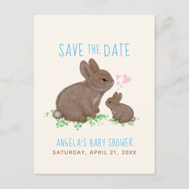 Bunnies Hearts Boy Baby Shower Save The Date Announcement Postcard (Front)