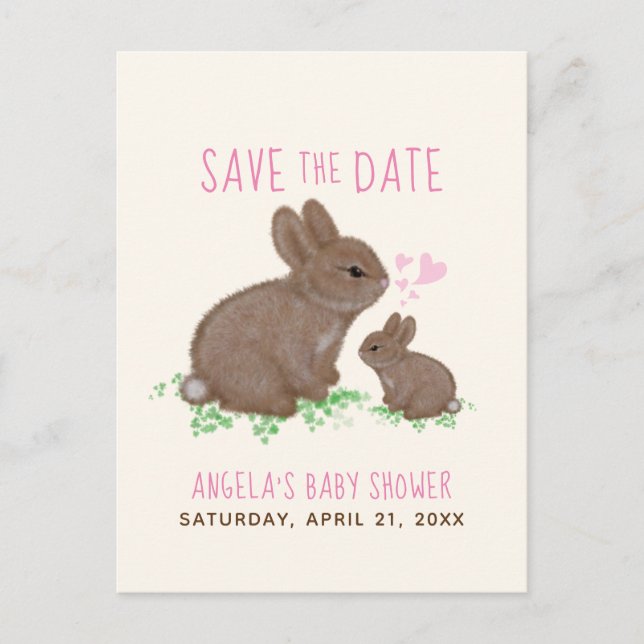 Bunnies Hearts Girl Baby Shower Save The Date Announcement Postcard (Front)