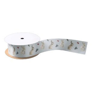 Bunnies, Holly, and Berries Blue   Satin Ribbon