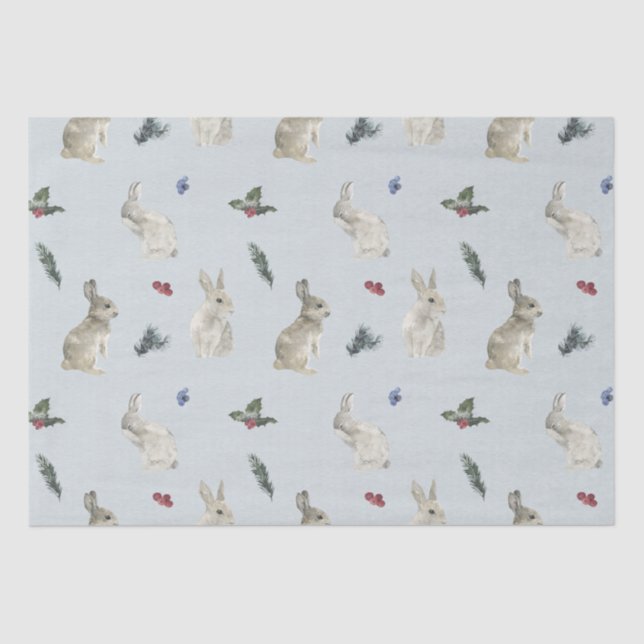 Bunnies, Holly, and Berries Blue Tissue Paper (Front)