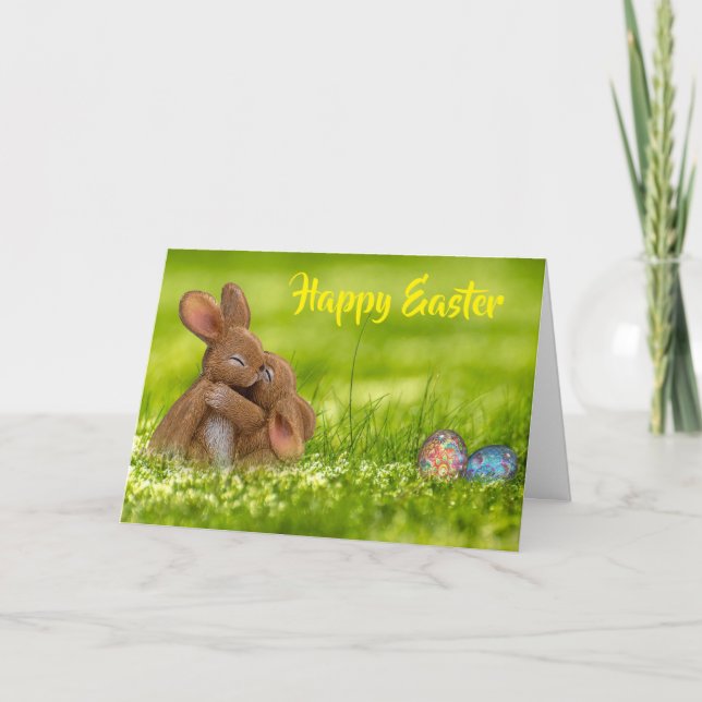 Bunnies Hugging. Happy Easter. Card (Front)