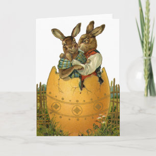 Bunnies in a Gold Egg, Vintage Victorian Easter  Holiday Card