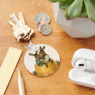 Bunnies in a Gold Egg, Vintage Victorian Easter  Key Ring