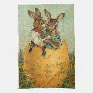 Bunnies in a Gold Egg, Vintage Victorian Easter  Tea Towel
