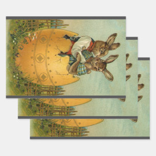 Bunnies in a Gold Egg, Vintage Victorian Easter  Wrapping Paper Sheet