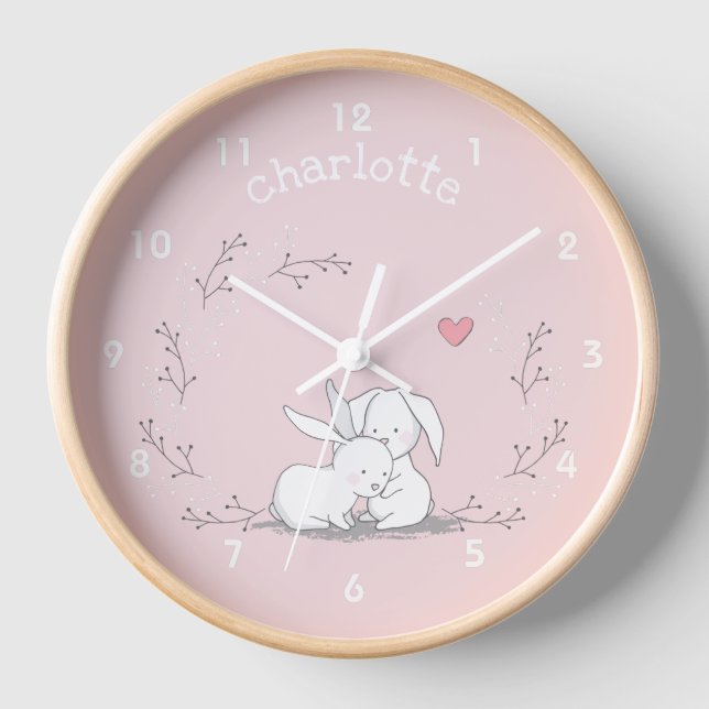 Bunnies in a Wreath - Cute Pink Nursery / Kids  Clock (Front)