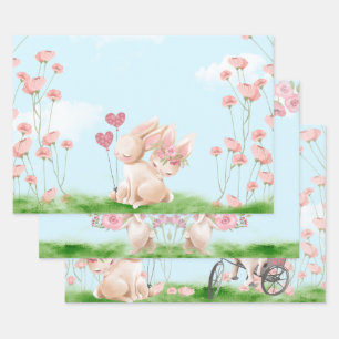Bunnies in Love Wrapping Paper Flat Sheet Set of 3