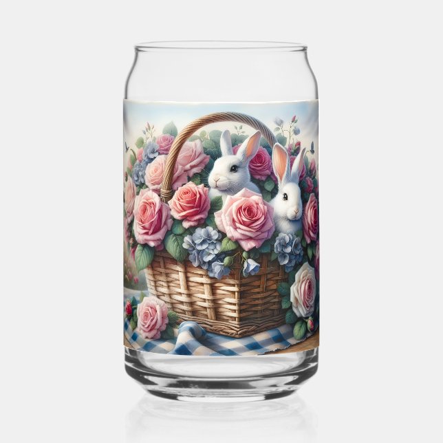 Bunnies Nestled Among Cottage Roses Can Glass (Front)