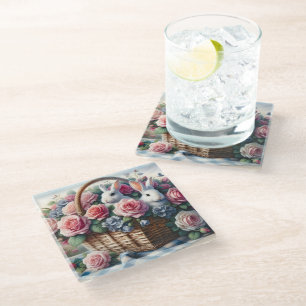 Bunnies Nestled Among Cottage Roses Glass Coaster