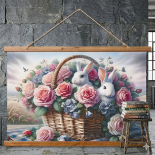 Bunnies Nestled Among Cottage Roses Hanging Tapestry