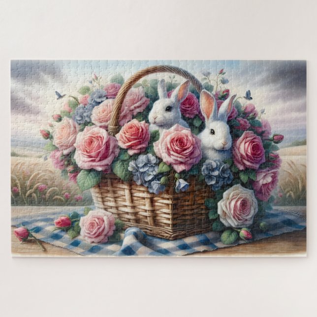 Bunnies Nestled Among Cottage Roses Jigsaw Puzzle (Horizontal)