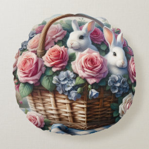 Bunnies Nestled Among Cottage Roses Round Cushion