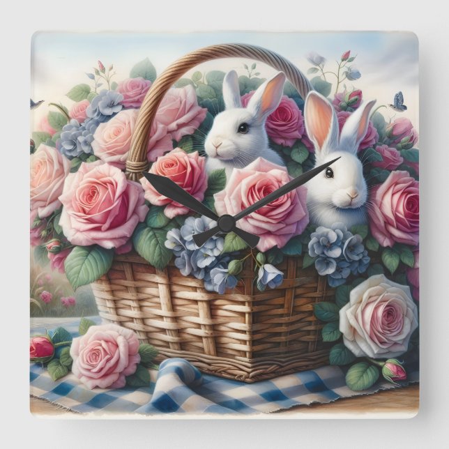 Bunnies Nestled Among Cottage Roses Square Wall Clock (Front)