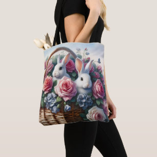 Bunnies Nestled Among Cottage Roses Tote Bag