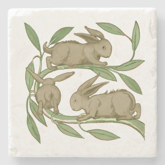 Bunnies on a Limb, William De Morgan Stone Coaster (Front)