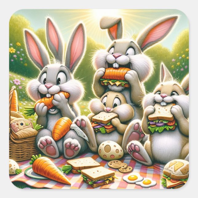 Bunnies' Picnic Feast Square Sticker (Front)