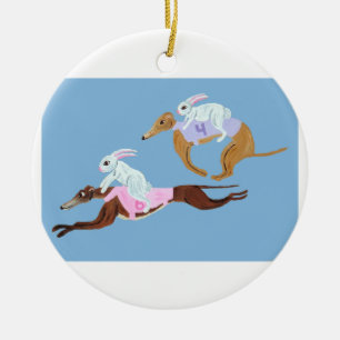 Bunnies riding Greyhounds Ceramic Tree Decoration
