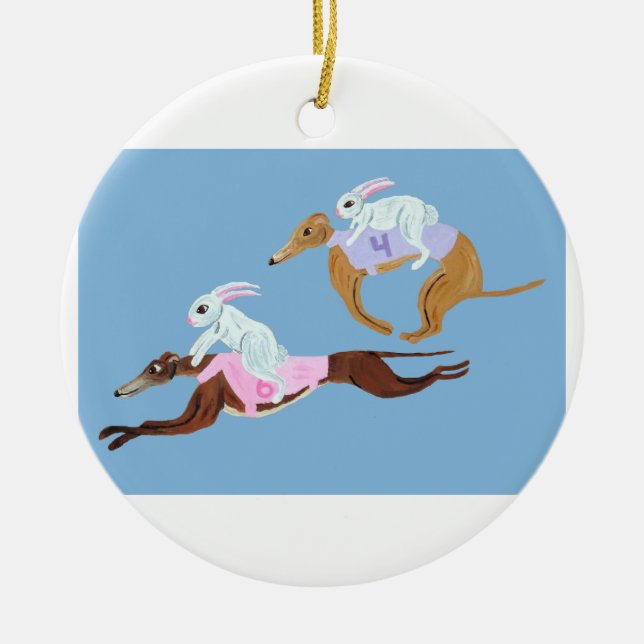 Bunnies riding Greyhounds Ceramic Tree Decoration (Front)