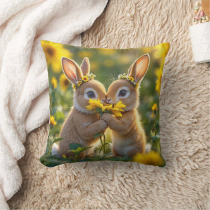Bunnies Smelling a Yellow Sunflower Cushion