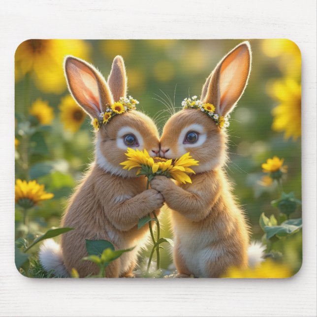Bunnies Smelling a Yellow Sunflower Mouse Mat (Front)