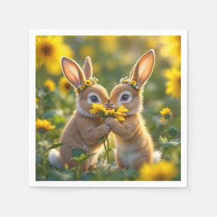 Bunnies Smelling a Yellow Sunflower Napkin