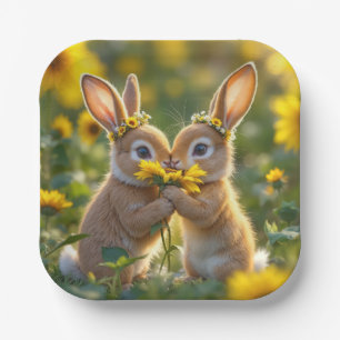 Bunnies Smelling a Yellow Sunflower Paper Plate