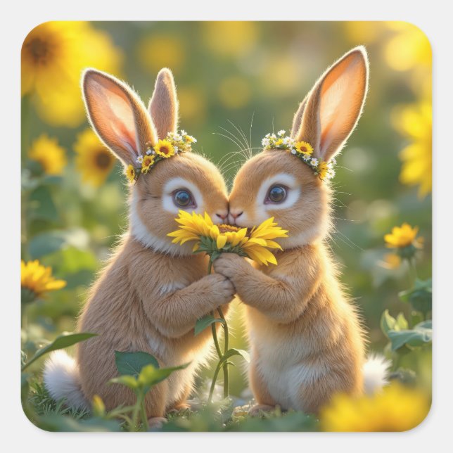 Bunnies Smelling a Yellow Sunflower Square Sticker (Front)