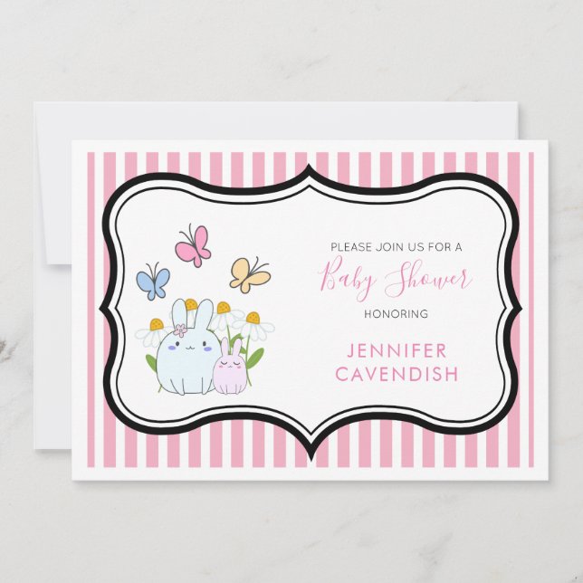 Bunnies Spring Daisies and Butterflies Baby Shower Invitation (Front)