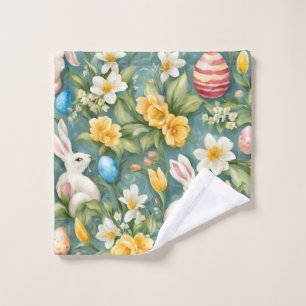Bunnies, Spring Flowers and Easter Eggs. Painting Bath Towel Set