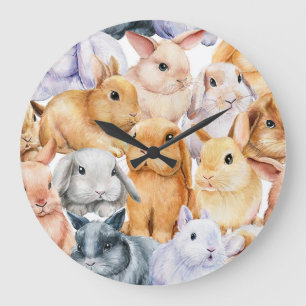 Bunnies Watercolor Animal Background Large Clock