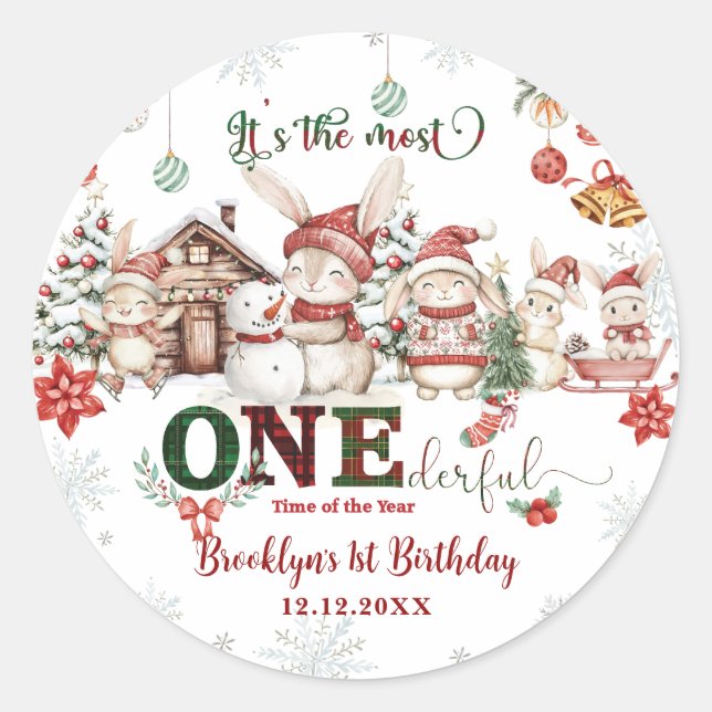 Bunnies Winter ONEderland Christmas 1st Birthday Classic Round Sticker (Front)