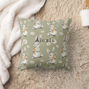 Bunnies with Carrots Green Daisy Flowers Birthday Cushion