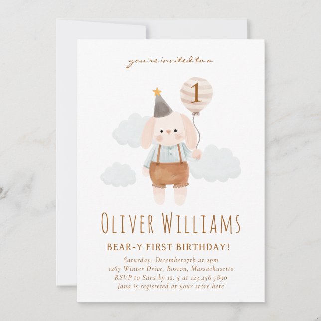 bunny 1st birthday blue balloon invitation (Front)