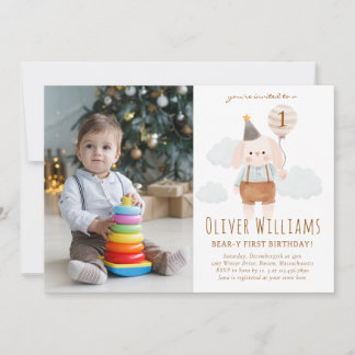 bunny 1st birthday blue balloon invitation