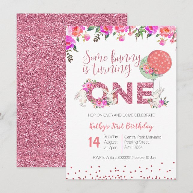 Bunny 1st Birthday Floral Invitation Pink glitter (Front/Back)