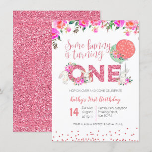 Bunny 1st Birthday Floral Invitation Pink glitter