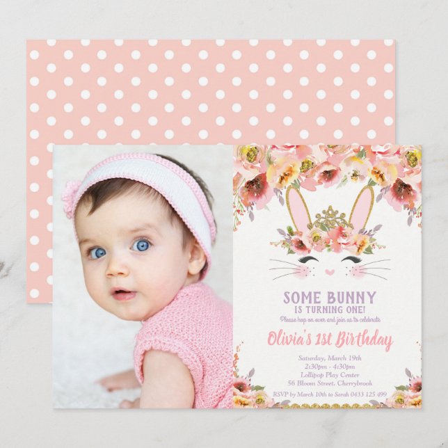 Bunny 1st Birthday Girls Floral Rabbit Photo Invitation (Front/Back)