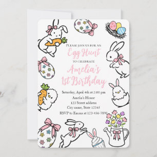 Bunny 1st Birthday Invitation Custom Easter Egg