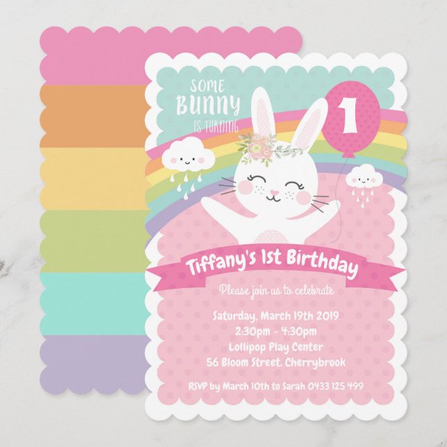 Bunny 1st Birthday Invitations Girls (Front/Back)