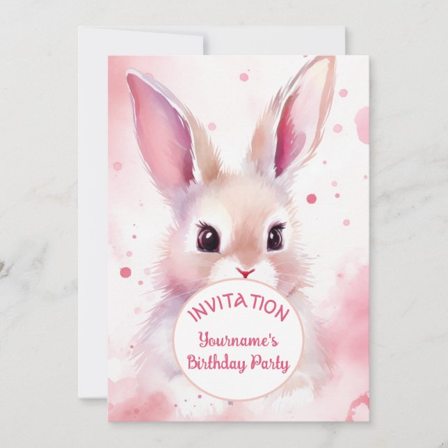Bunny 2 Cute Pink Pastel Watercolor Invitation (Front)