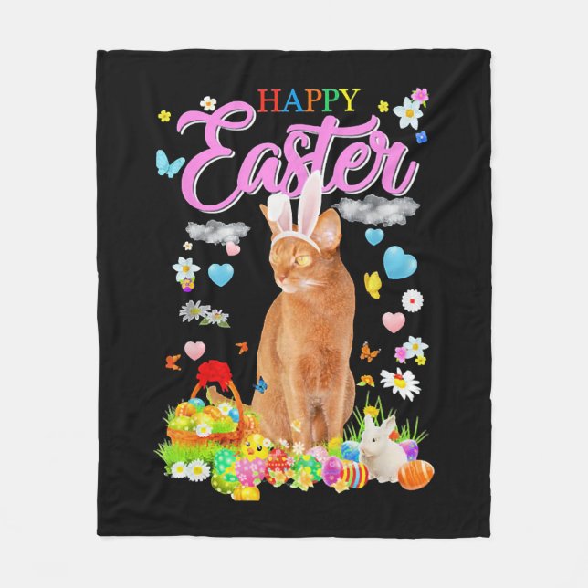 Bunny Abyssinian Cat Happy Easter Fleece Blanket (Front)