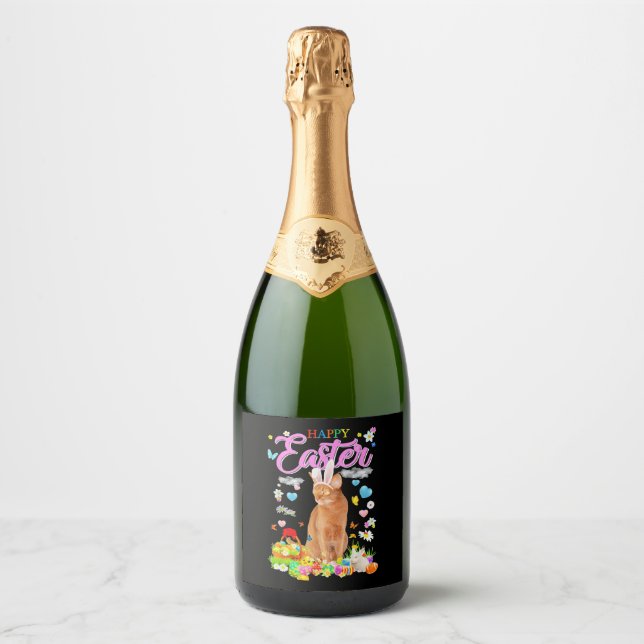 Bunny Abyssinian Cat Happy Easter Sparkling Wine Label (Front)