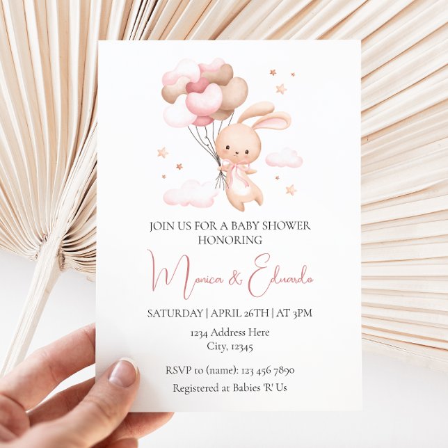 Bunny and Balloons Girl Baby Shower Invitation (Creator Uploaded)