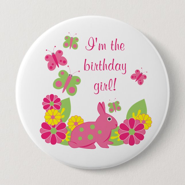 Bunny and Butterflies Girl's Birthday Button (Front)