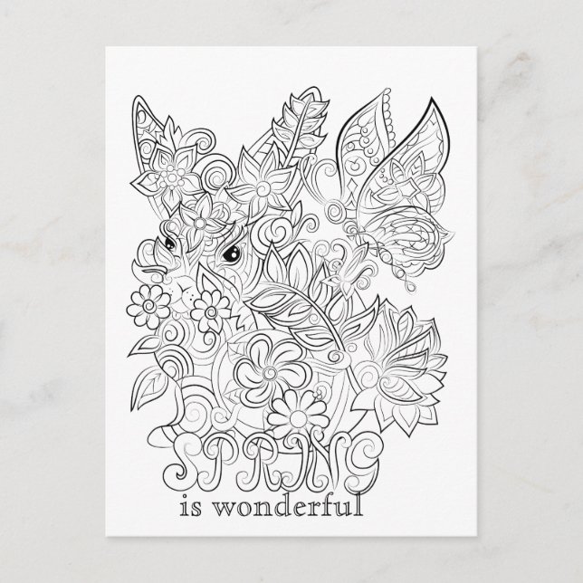 Bunny and butterfly adult colouring post card (Front)