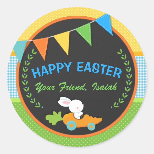 Bunny and Carrot Happy Easter Personalised Classic Round Sticker (Front)