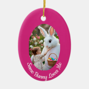 Bunny and Child photo pink blue Oval Frame Easter Ceramic Tree Decoration