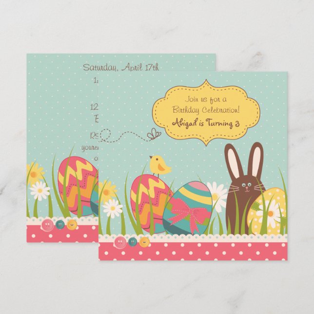 Bunny and Easter Eggs Birthday Invitation ~ Girls (Front/Back)